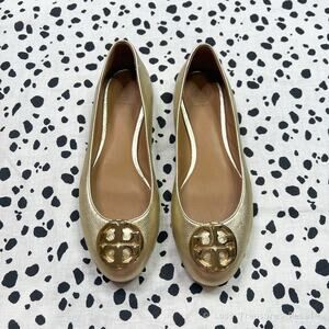 Tory Burch | Claire Gold Leather Logo Designer Ballet Flats Size 6.5 Like New